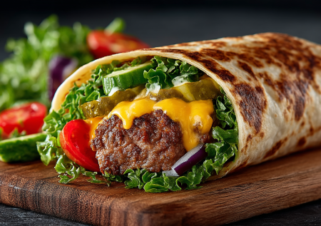 Лепешки «Чизбургер» — ПП-версия любимого фастфуда. Сочная котлета, сыр и овощи в тонкой лепешке. Быстро, сытно, без лишних калорий