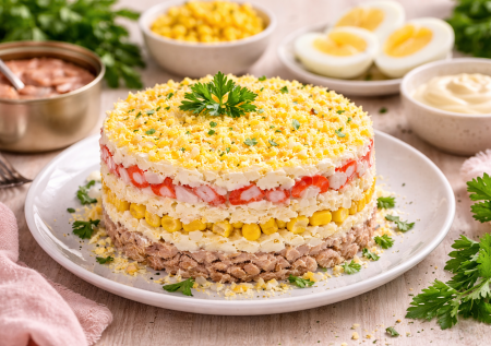 Вкусный салат «Море удовольствия»: выкладываем слоями 5 простых ингредиентов