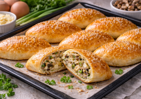 Пирожки без дрожжей и тонны жира: творожное тесто и начинка с рисом, яйцом и жареными грибами