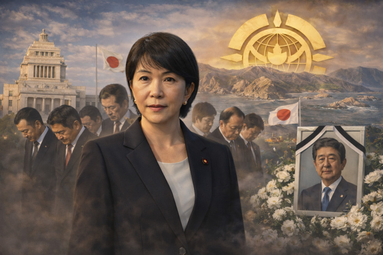 Японский премьер-министр Санаэ Такаити и портрет Синдзо Абэ в представлении ИИ