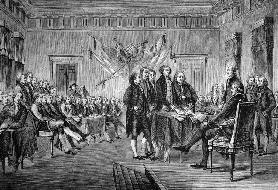 Подписание Декларации независимости Соединенных Штатов Северной Америки в 1776 году, США, историческая иллюстрация, 1877 год