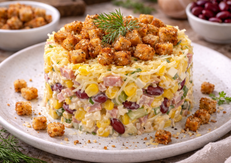 Салат «Хрустящий соблазн»: с чесночными сухариками и копченой ноткой