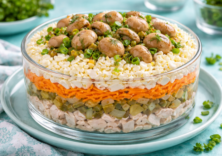 Интересный салат с жареным луком: простая «Полянка» — съедается первым, а готовится из самых обычных продуктов