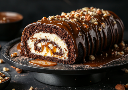Этот рулет покорит всех: шоколад, соленая карамель, хруст орехов. Выглядит эффектно, а готовится просто
