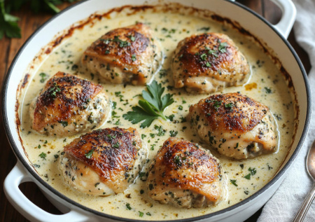 Чкмерули по-ленивому: куриные бедра в сливочно-чесночном соусе томятся в духовке, а я отдыхаю с бокалом игристого. Топовый рецепт