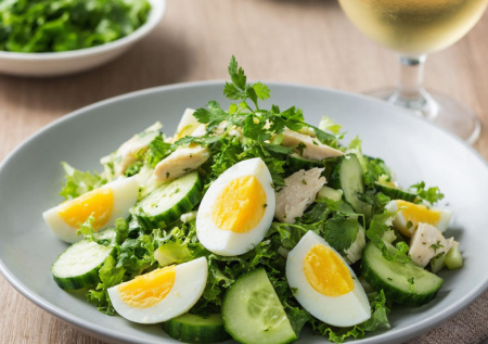 Салат «Изумруд» для девичьих встреч: легкий, хрустящий, с огурчиком и зеленью — ни грамма тяжести. Под бокал белого — самое то