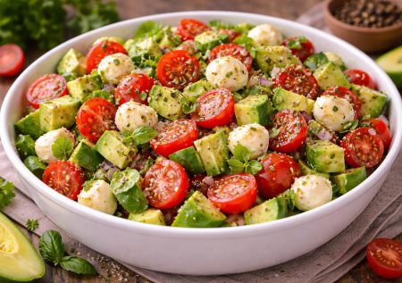 Казалось бы овощи, но как все удачно замешано! Итальянский салат с помидорами, авокадо и моцареллой — свежий вкус в каждой ложке