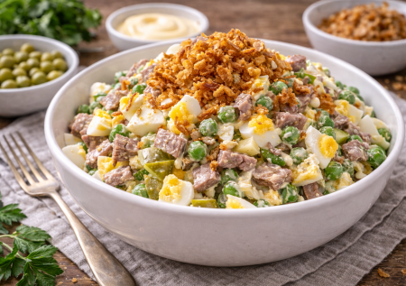 Теперь на всех застольях: салат «Золотой век» с луком фри, яйцом и горошком — сытно, ярко и очень вкусно