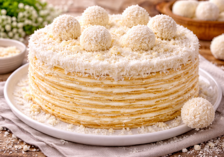 Лучшее из блинов к Масленице — торт «Рафаэлло» с творогом: вкуснее не придумаешь