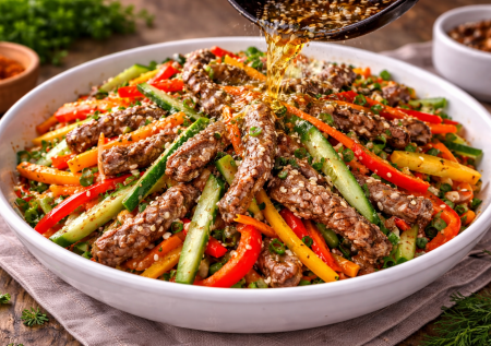 Заливаю шипящим маслом специи: азиатский салат с говядиной — очень вкусный и яркий