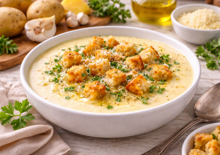 Картошка, кубик и молоко: картофельный крем-суп — нежный и сливочный. Подаем с пармезаном и хрустящими сухариками