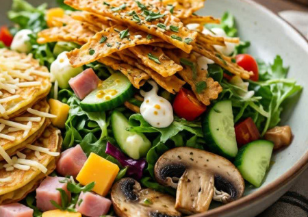 Салат с блинчиками, ветчиной, сыром и грибами — готовим за 20 минут