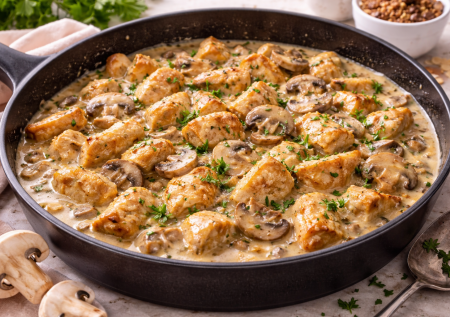 Вместо надоевшего гуляша: фрикасе из курочки с шампиньонами — всё жарим на сковороде и получается идеально