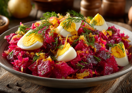 Вкуснее винегрета: салат из свеклы, огурцов и яиц. Добавляю обжаренный лук для аромата. Готовится за 15 минут