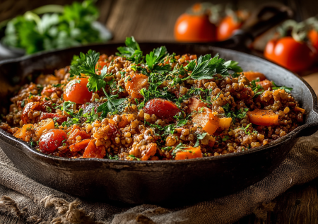 Гречка по-итальянски: с мясным фаршем, луком и морковью. Томлю с томатной пастой — сочно, сытно, идеальный ужин