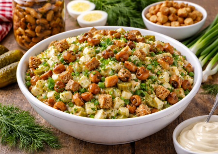 Держите дома баночку опят: быстрый салат для неожиданных гостей всегда выручит — вкусняшка с сухариками