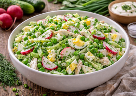 Бюджетный салат, от которого веет весной, — легкий, свежий и очень вкусный. Смешайте куриную грудку с яйцами и 3 ингредиентами