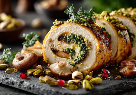 Превращаю курицу в изысканный рулет — с грибной начинкой и фисташками для хруста и праздничного вида