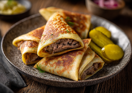 Русская классика: блинные конвертики с гречневой кашей и паштетом