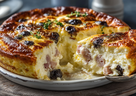 ПП-завтрак, который пахнет пиццей: творожное суфле с ветчиной из индейки, маслинами и сыром. 30 минут — и на столе идеальное начало дня