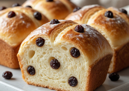 Те самые сайки с изюмом из детства: мягкие, слоистые, с янтарными изюминками внутри — идеальная выпечка к чаю