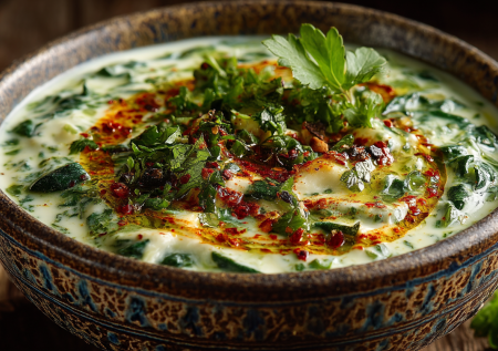 Долго искал легкий, но сытный суп без мяса: нашел! Йогуртовая основа, паприка и шпинат — пальчики оближешь, честное слово