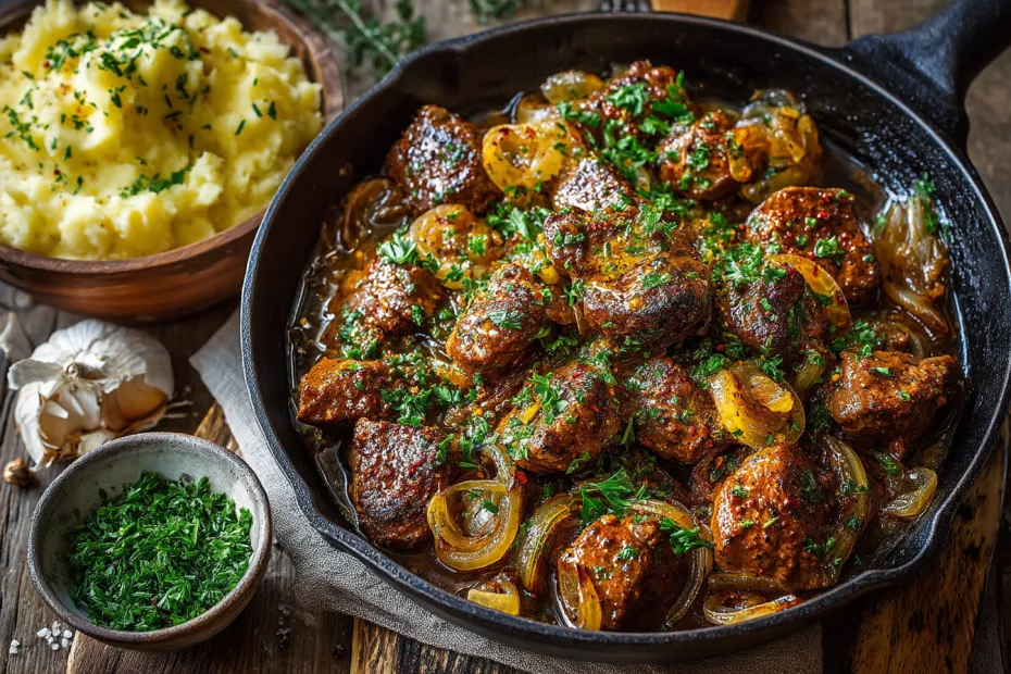 Жареные куриные сердечки с луком