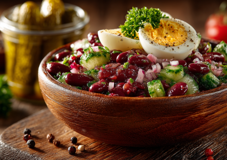 Салат «Экономный» без майонеза: пригодятся баночка фасоли и маринованные огурцы