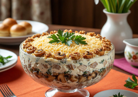 Салат «Нежность» для королев 8 Марта: слоеный, с курицей, грибами и орешками — такой же прекрасный, как сама весна!