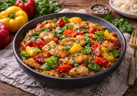 Попробовали этот теплый салат в кафе и подсели: 3 разных перца и хрустящая курица — вкус просто улётный