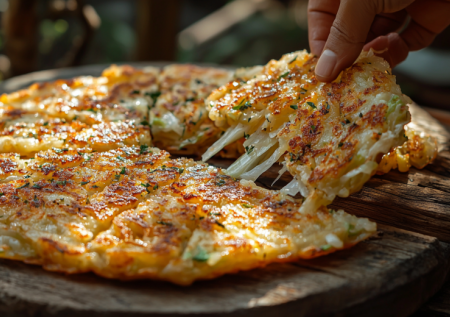 Кефир, мука и тертый сыр с чесноком — выливаю тесто на сковороду, накрываю крышкой. Лепешка «Чесночная» за 12 минут