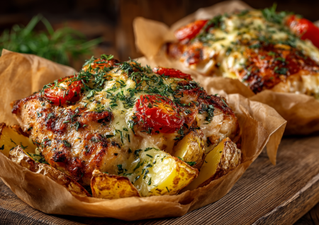 Порционный ужин из курицы и картошки — после него не нужно мыть противень и сковородки: сытное горячее