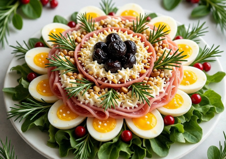 Праздничный салат «Букет для мамы» с ветчиной и черносливом: оформляю в виде цветка — и блюдо, и украшение стола