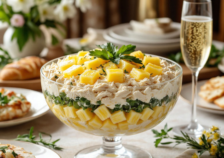 Салат «Весенняя нежность» для прекрасных дам: слои курочки, ананасов и сыра — легкий, воздушный, тает во рту. Идеально под бокал шампанского