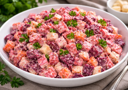 Простой до безобразия, но вкусный: салат «Розовый фламинго» из свёклы и крабовых палочек