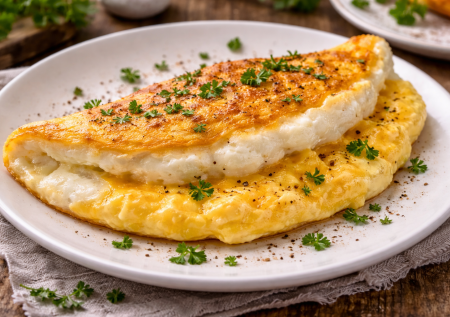 Об омлете забыла! Делаю французский пуляр — он бело-желтый, получается интереснее и нежнее обычного