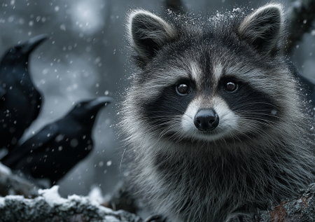 В Армавире дикий енот застрял на дереве и отбивался от стаи ворон