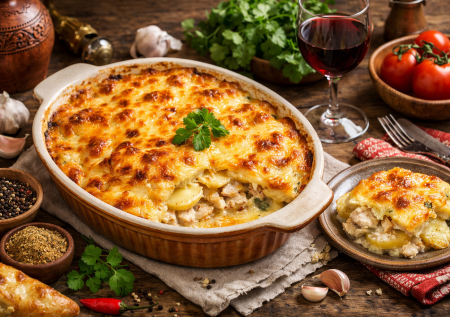 Картошка по-грузински с курицей: картофель, куриное филе и сыр заливаю сливками с чесноком. Ум отъешь, а возни — нет