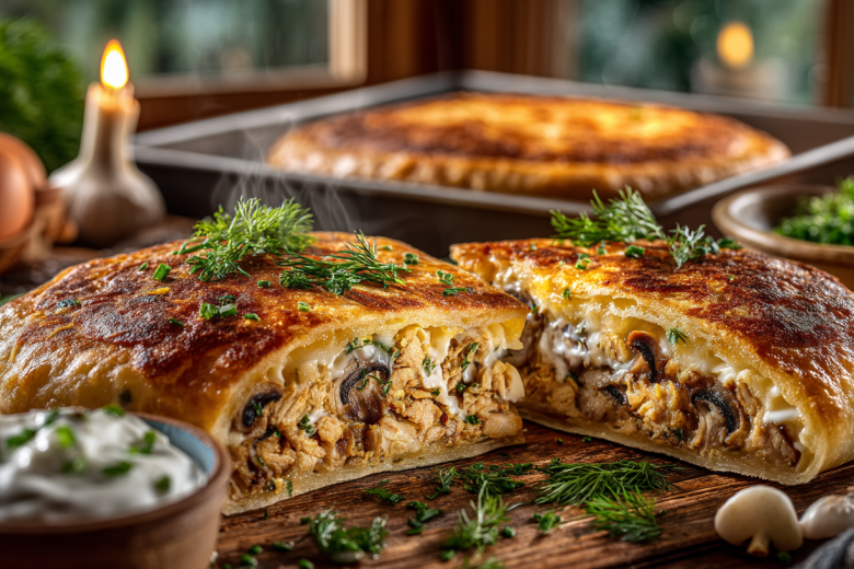 Блинная кулебяка с курицей и грибами