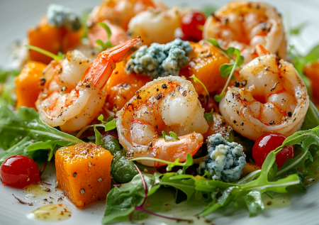 Готовлю салат с креветками и тыквой. Сверху нежная заправка на апельсиновом соке — изысканно и питательно