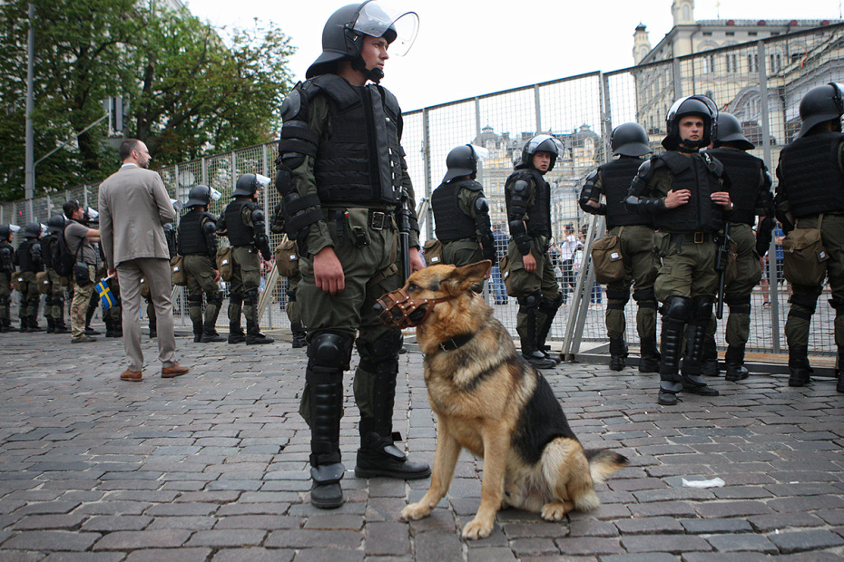 Служащие Национальной гвардии Украины дежурят на улице в Киеве