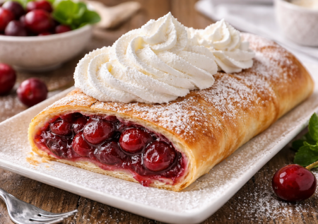 Пачка вишни и слоёное тесто — десерт за полчаса: готовим рулет с облаком взбитых сливок