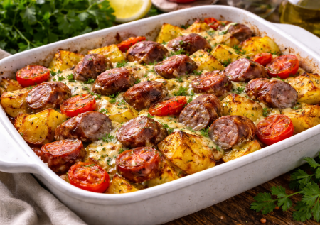Намешали за 5 минут — и в духовку: картошечка получается просто огонь. Томим с колбасками до румяной корочки