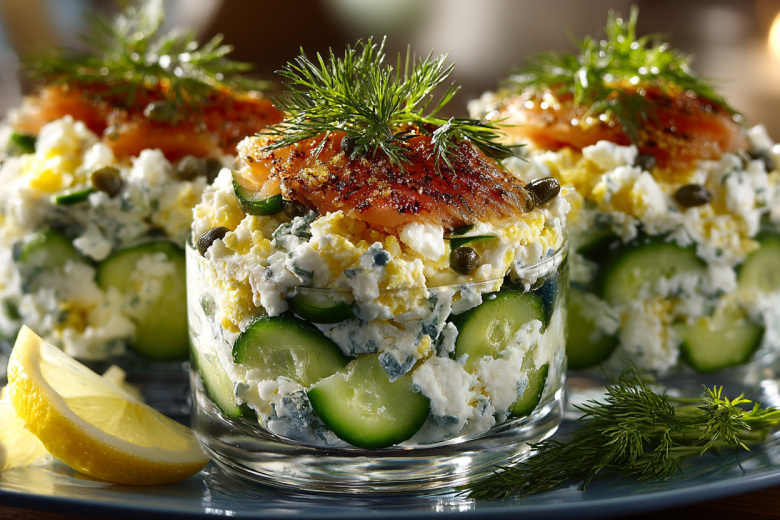 Слоеный салат «Морской бриз» с красной рыбой и творожным сыром