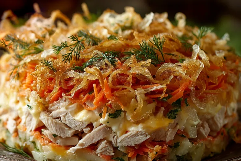 Слоеный салат «Степной» с копченой курицей и корейской морковью