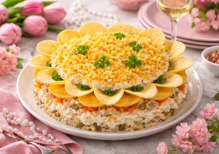 На 8 Марта всегда готовлю «Цветок»: слоёный салат, который украшает стол и съедается вмиг