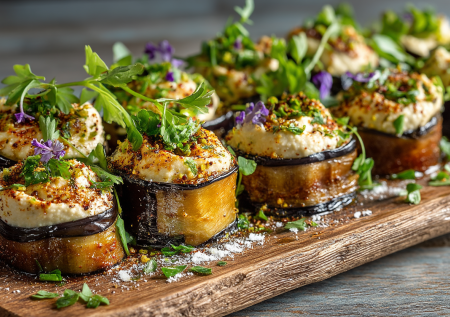 Долго искал, куда пристроить баночку тахини. Нашел: хумус с запеченным чесноком в баклажанных рулетиках. Теперь это мой хит на любом фуршете