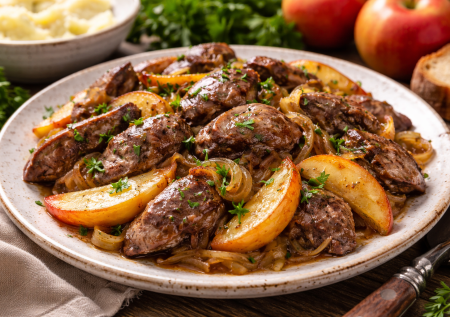 Никогда бы не додумалась добавить это: печень по-необычному, томленая с луком и яблоками. Это шедевр — обязательно попробуйте