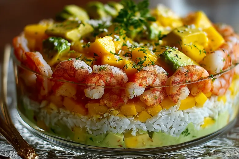 Слоеный салат «Тропический» с креветками и авокадо