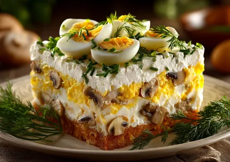 Салат «Танюша» к 8 Марта — нежный слоёный рецепт, который украсит любой праздничный стол